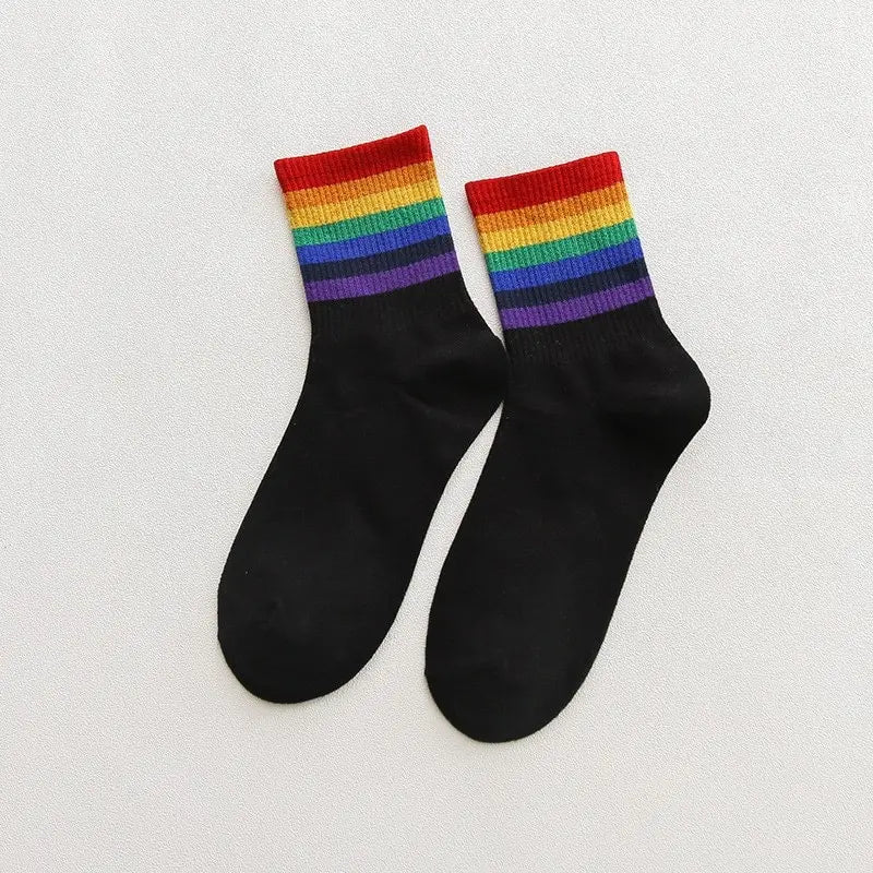 Trendy Women's Autumn Rainbow Striped Tube Socks | Stylish High Tops
