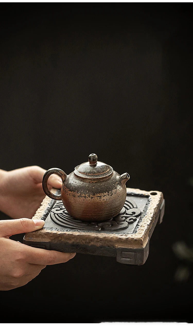 Elegante Bandeja de Té Retro Japonesa de Cerámica Dorada | Sofisticado Accesorio para Té