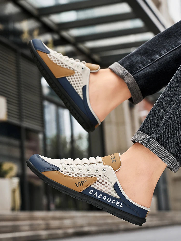 Summer Breathable Mesh Slip-On Half-Slipper for Men, Casual Soft-Soled Closed-Toe Slippers, Mesh Upper Is Refreshing and Breathable, Does Not Suffocate the Feet, Lace-Free Design Is Convenient for Lazy People