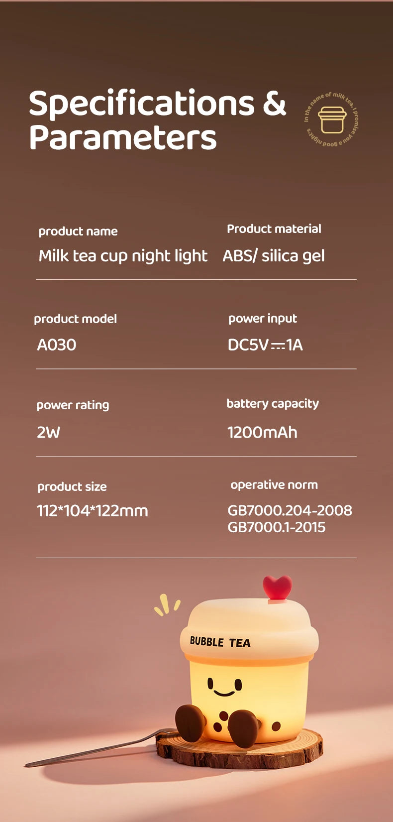 Bonita luz nocturna LED de té de burbujas | Lámpara de ambiente recargable