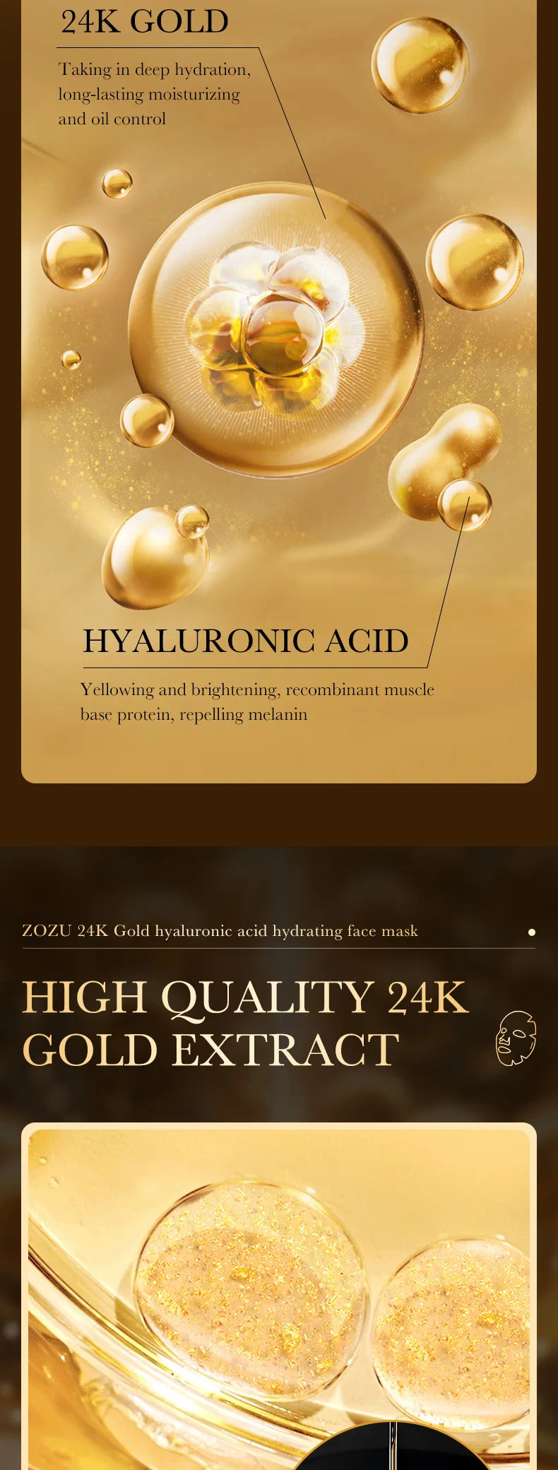 10pcs 24K Golden Hyaluronic Acid Face Masks for Glowing Skin