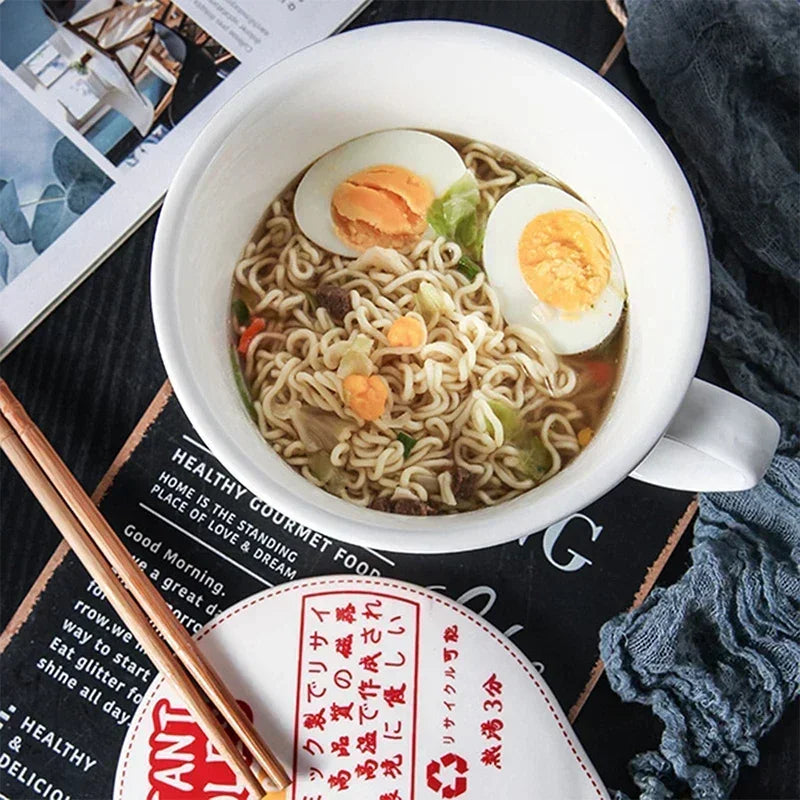 Cuenco de ramen de gran capacidad con asa | Elegante cuenco de cerámica para fideos