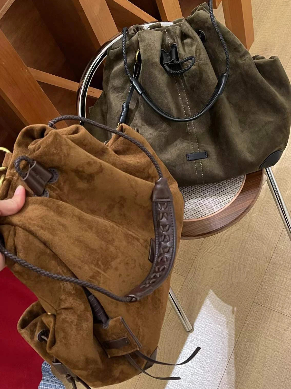 Trendy Retro Frosted Suede Bucket Backpack | Stylish Large Capacity Bag