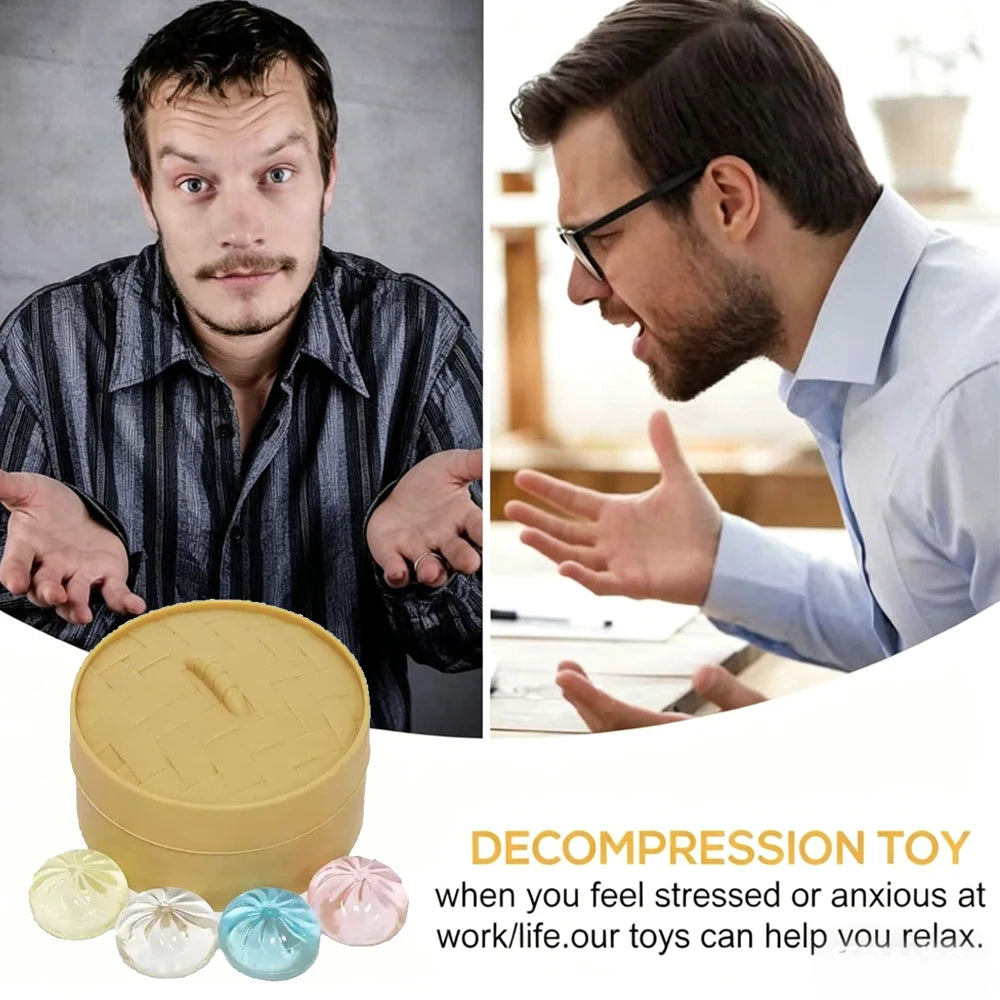5 Mini Squishy Dumplings with Steamer Squeezable Toys Set Fidget Sensory Toy For Adults Stress-relieving Toys Birthday Favors