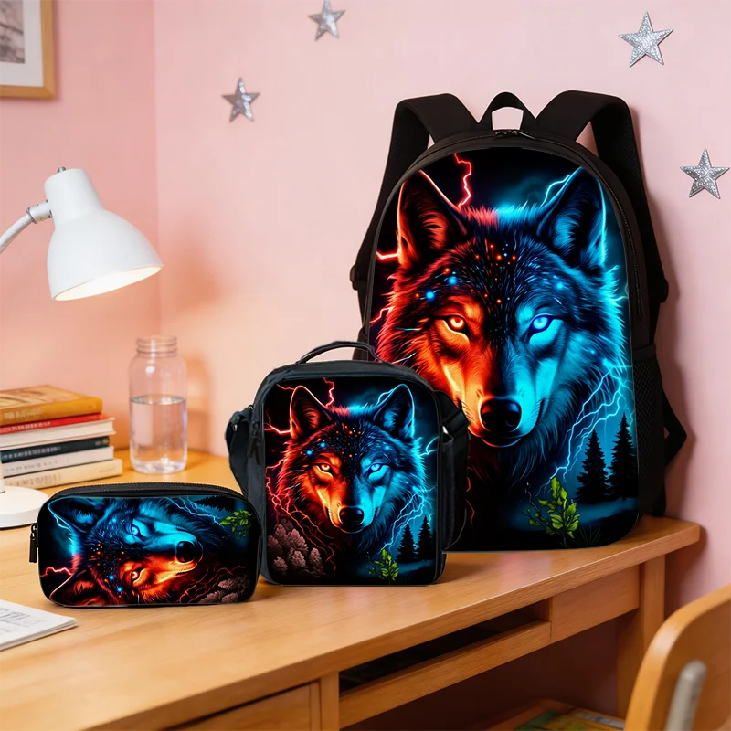 Kids' Wolf Pattern Backpack Set | Lightweight Travel & School Bag