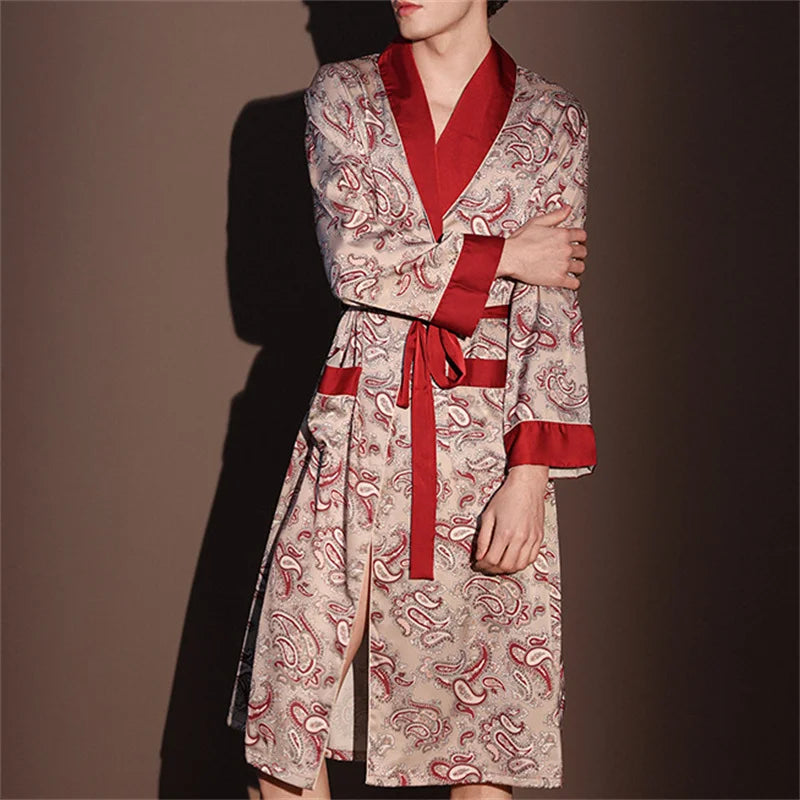 Spring Summer New Mens Robe Printed Bathrobe Kimono Gown Silky Satin Male Sleepwear Night Clothes Loose Casual Homewear Pajama