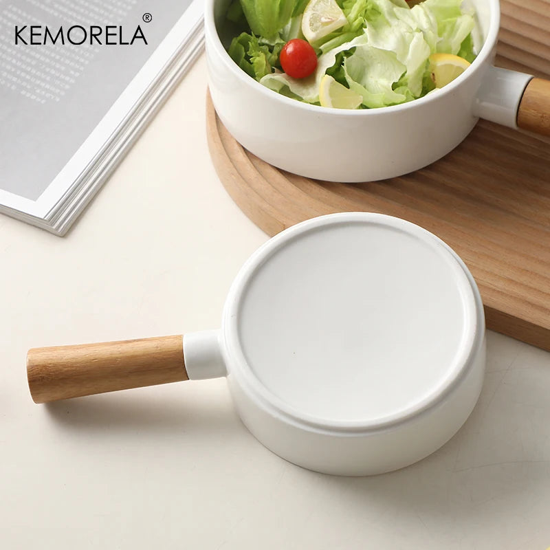 Ceramic Salad Bowl with Wooden Handle | Versatile Tableware