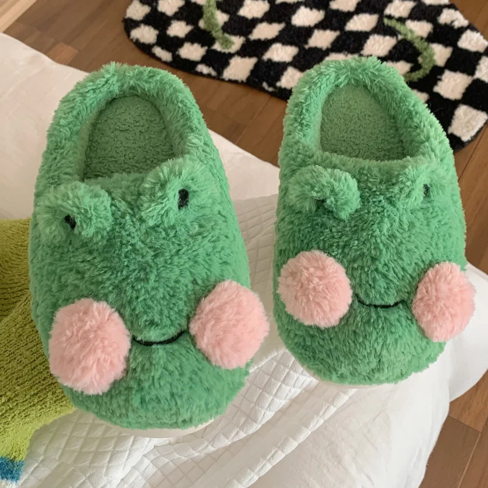 Women's Cute Green Frog Plush Slippers | Cozy Faux Fur House Shoes