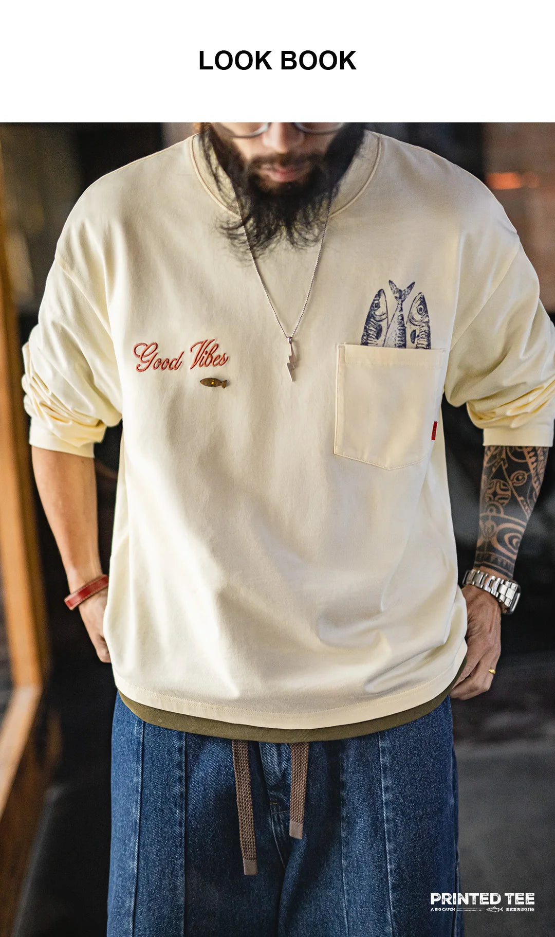 Men's Cotton Fish Printed Long Sleeve Tee | Casual Comfort Wear