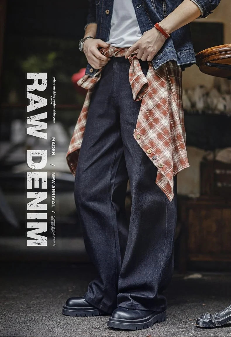 Vintage Loose Fit Raw Denim Wide-Leg Jeans for Men