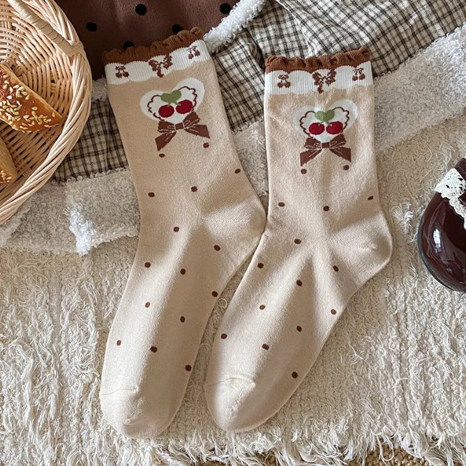 Cute Women's Mid-Calf Socks | Charming Cherry Bow Design