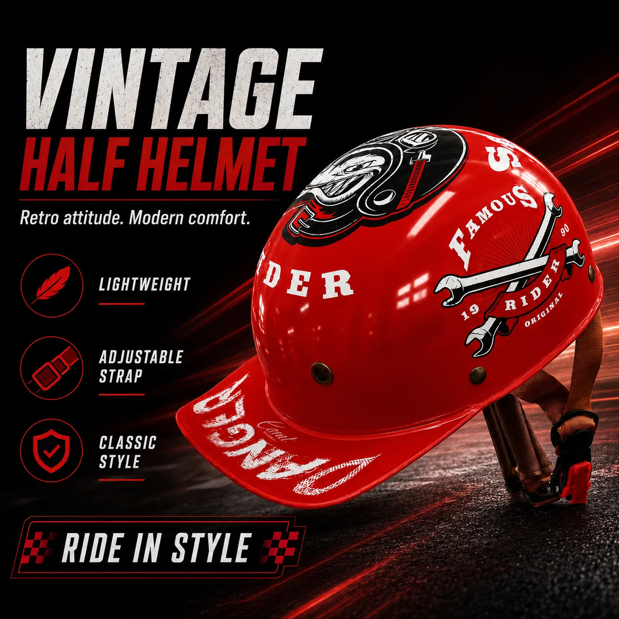 Lightweight Vintage Half Motorcycle Helmet | Stylish Protective Cap