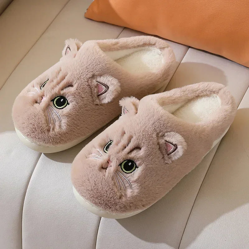 Cute Cat Fluffy Platform Slippers | Furry Plush Indoor Shoes