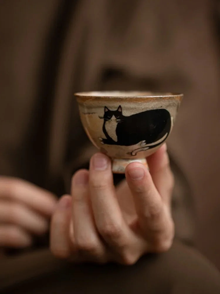 Cute Black Cat Teacup | Elegant Ceramic Tea and Sake Cups Set