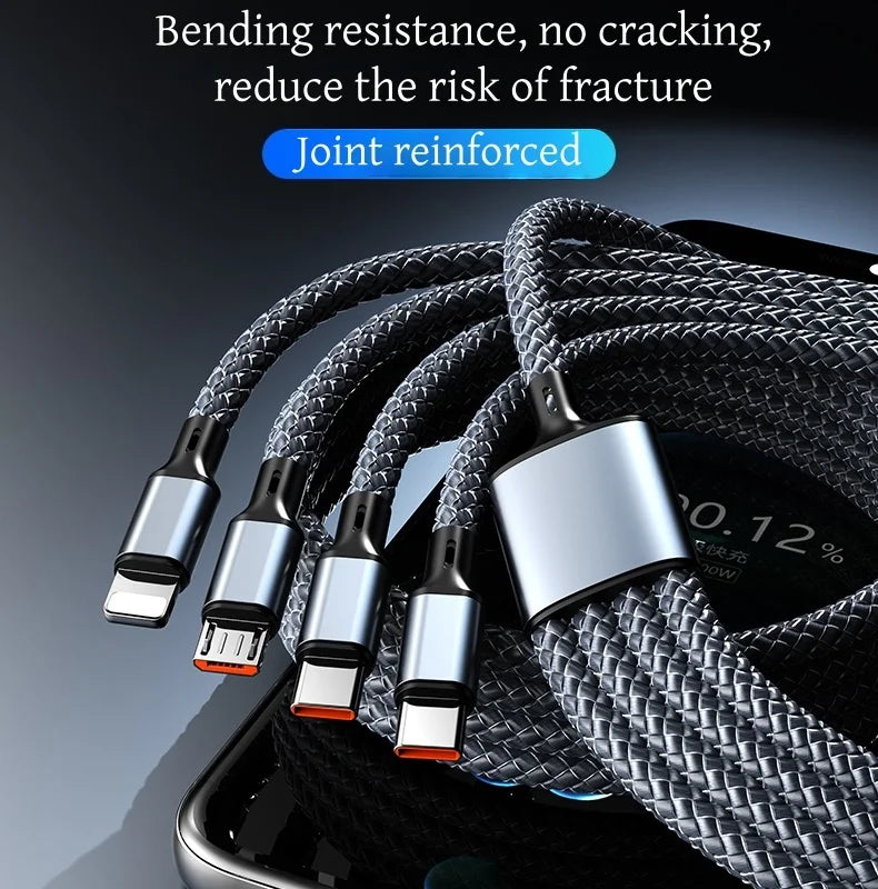 4-in-1 Multifunctional Charging Cable Supports USB-A to USB-C, Micro USB, and Braided Cables for Charging Multiple Devices