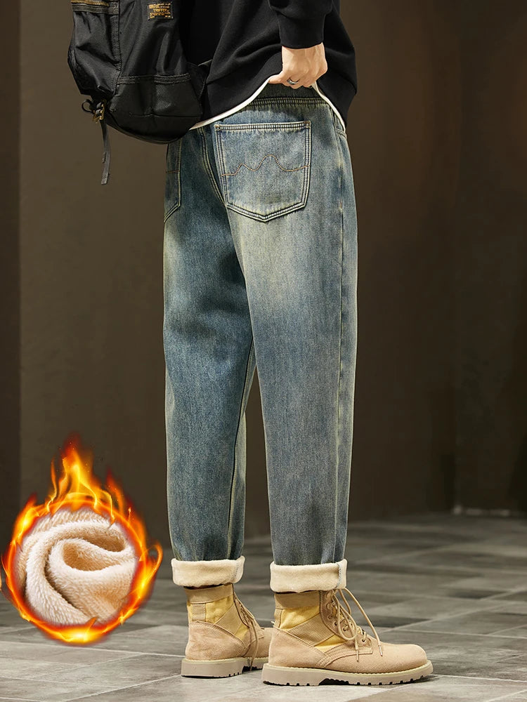 Men's Retro Loose Winter Fleece Jeans | Warm Plush Velvet Pants