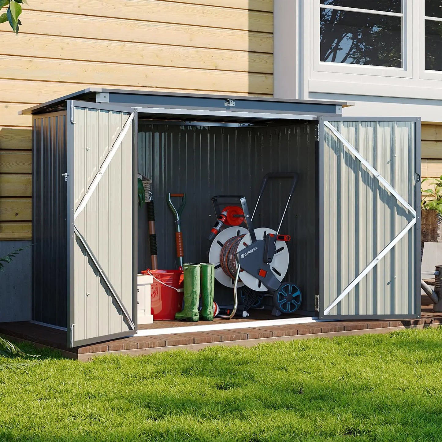 80 CU.FT Metal Outdoor Storage Shed | Weatherproof Trash Can Organizer