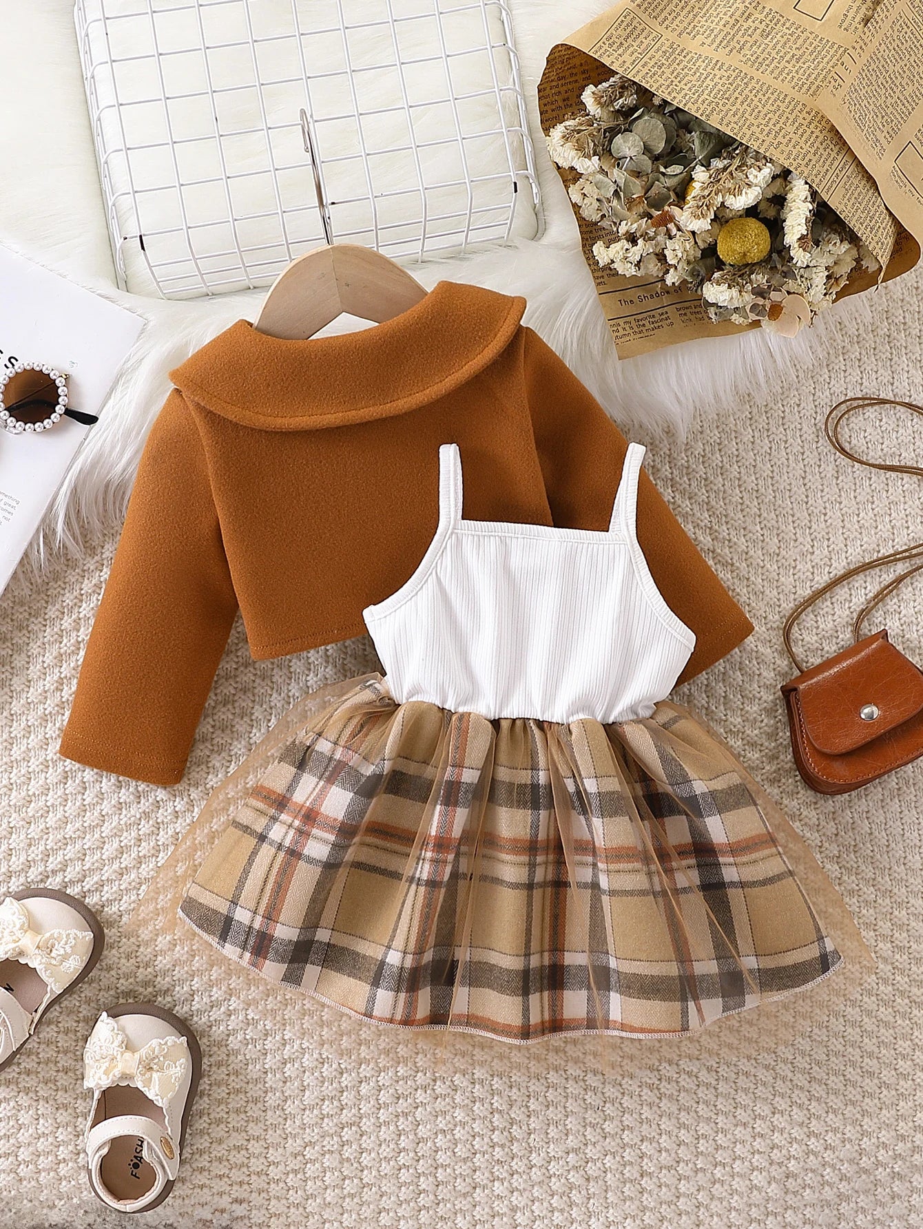 Baby Girl Plaid Tulle Skirt Dress & Cropped Jacket Set | Stylish Outfit
