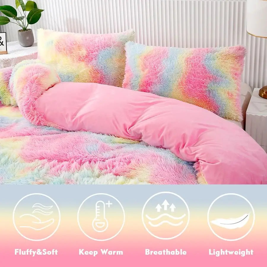 Pink Faux Fur Rainbow Tie-Dye Comforter Set | Cozy Bedding for Girls