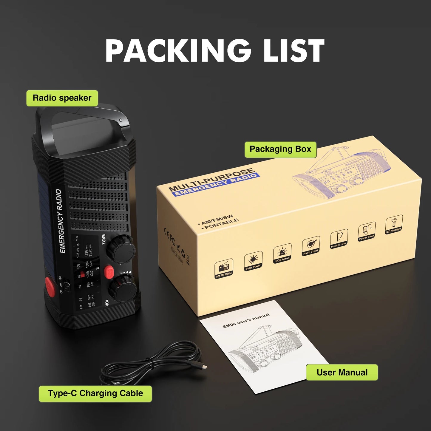Emergency Radio with SOS Alarm & Flashlight for Survival