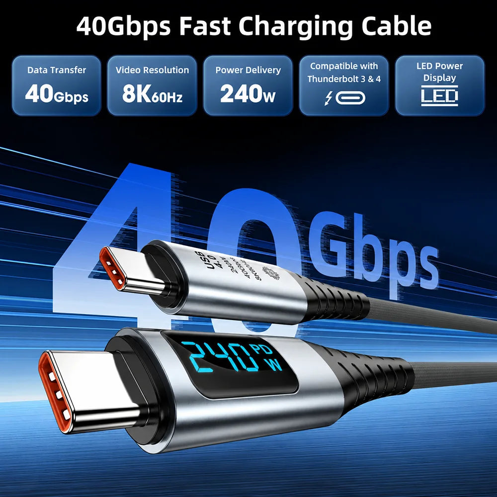 UGOjP USB4 Cable 240W PD Fast Charging with LED Display 40Gbps Data Transfer USB C to C Data Cable for Laptop Phone Tablet