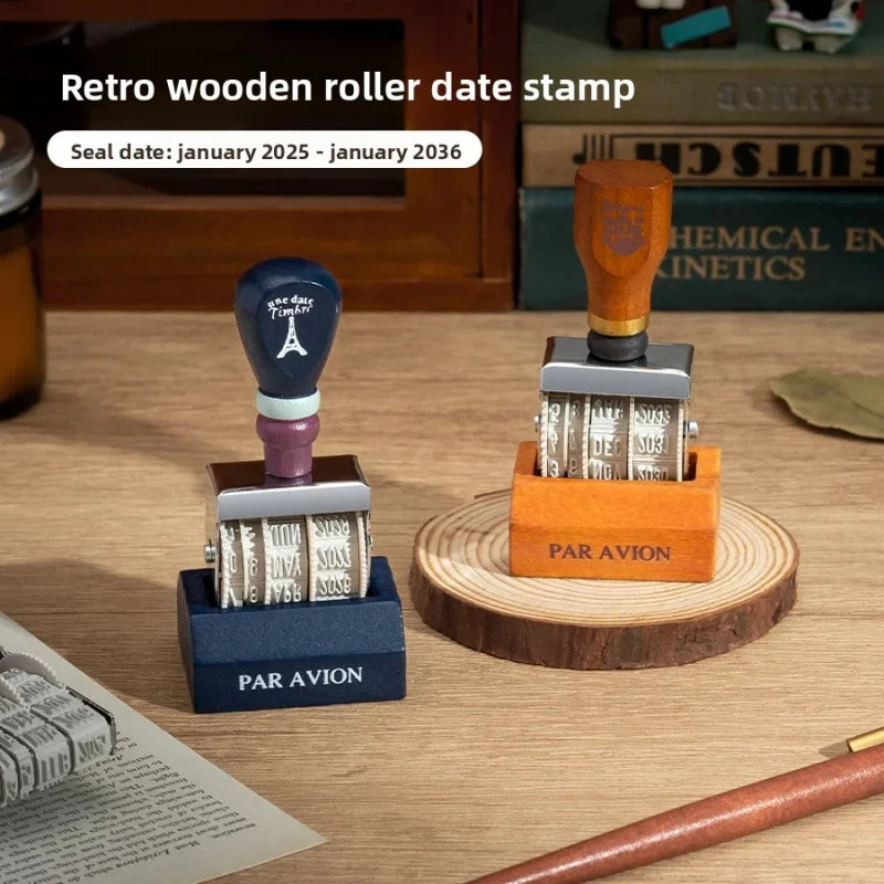 Retro Wooden Rolling Calendar Stamp | Adjustable Date Stamp for Journaling