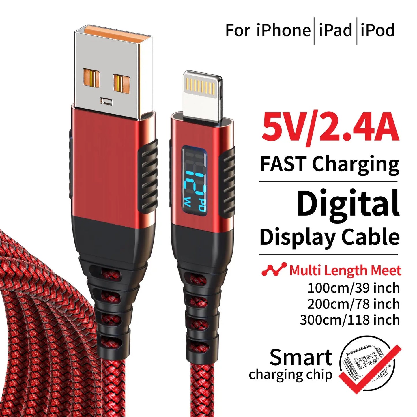 MFi-Certified USB-A to Lightning Fast Charging Cable with LED Display, 12W Fast Charge for iPhone 8-14 & iPad