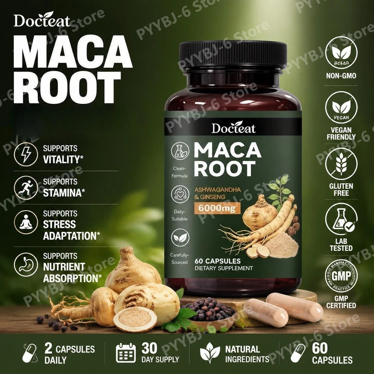 Maca Root Capsules 6000mg with Ashwagandha & Ginseng for Energy