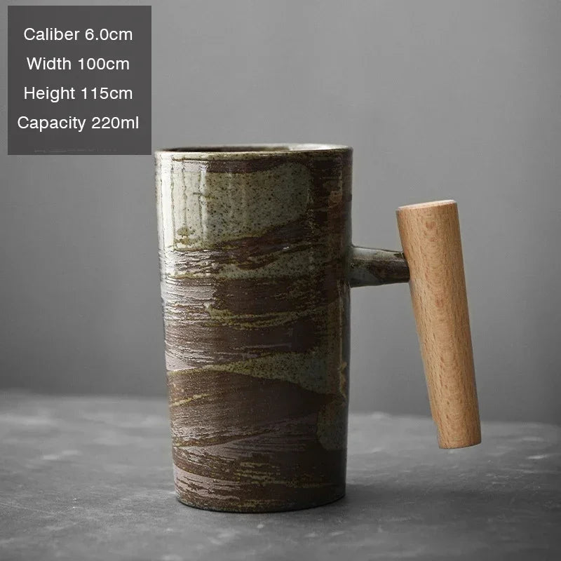 Handmade Stoneware Coffee Cup with Wooden Handle | Vintage Style Mug