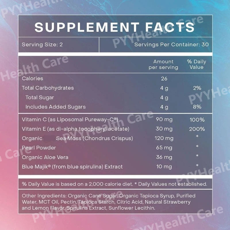 Sea Moss Glow Gummies with Vitamin C & E Moss & Pearl Powder Daily Nutritional Supplement Lemon Berry Flavor, 60 Gummies