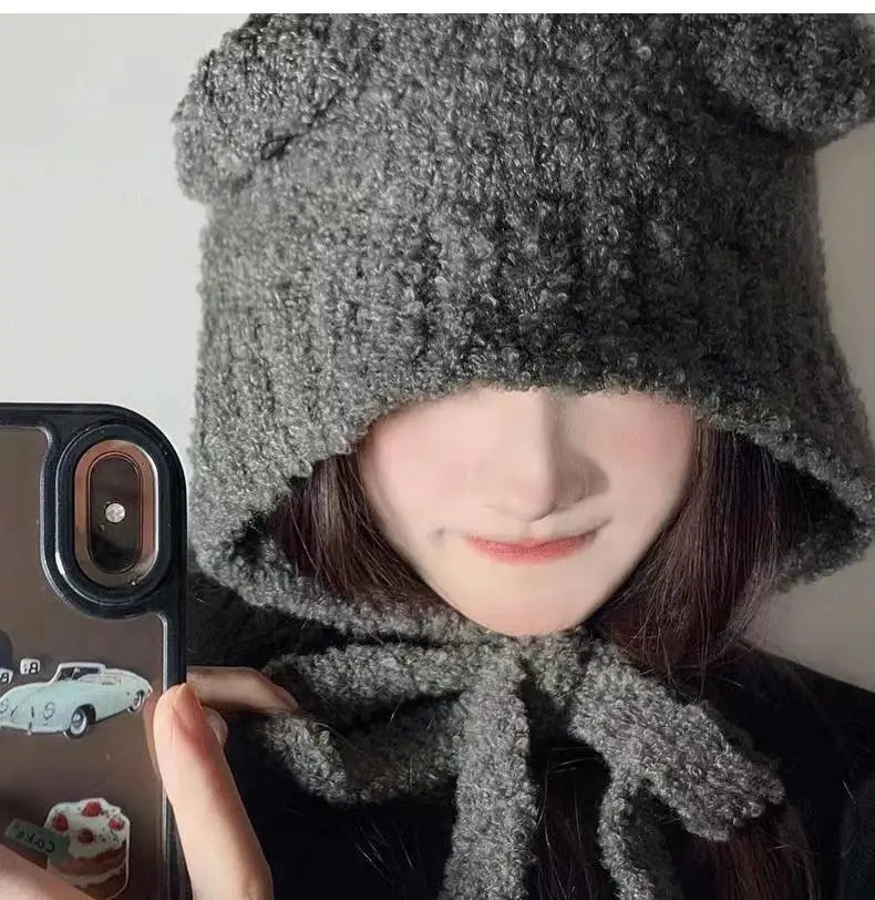 Women's Cute Bear Ear Plush Beanie | Cozy Winter Bomber Hat