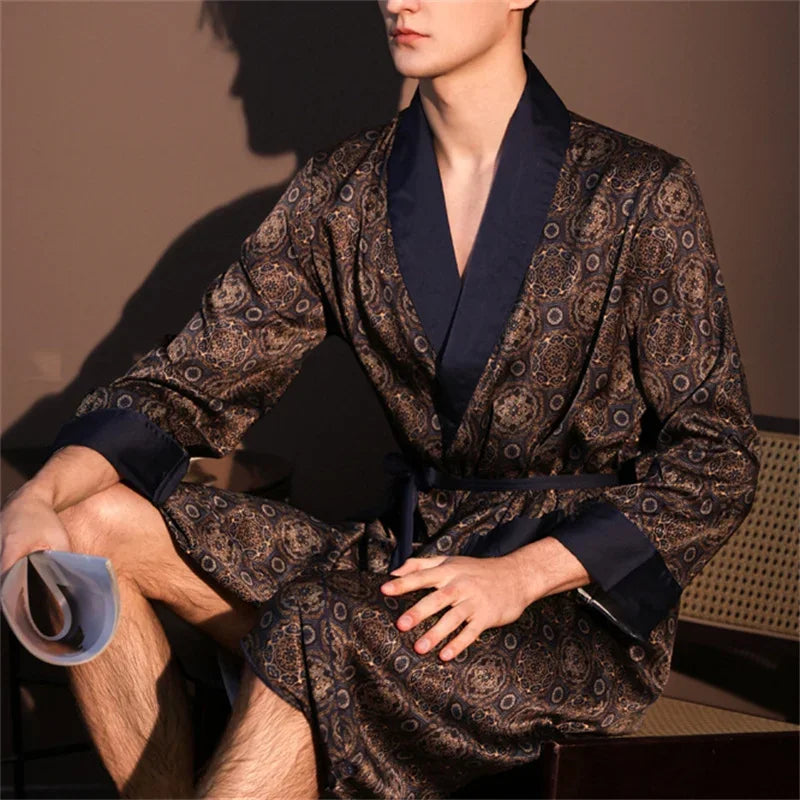 Spring Summer New Mens Robe Printed Bathrobe Kimono Gown Silky Satin Male Sleepwear Night Clothes Loose Casual Homewear Pajama