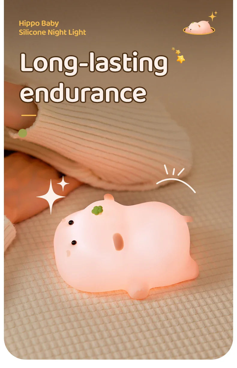 Cute Pink Hippo Night Light | Portable Silicone Kids Lamp