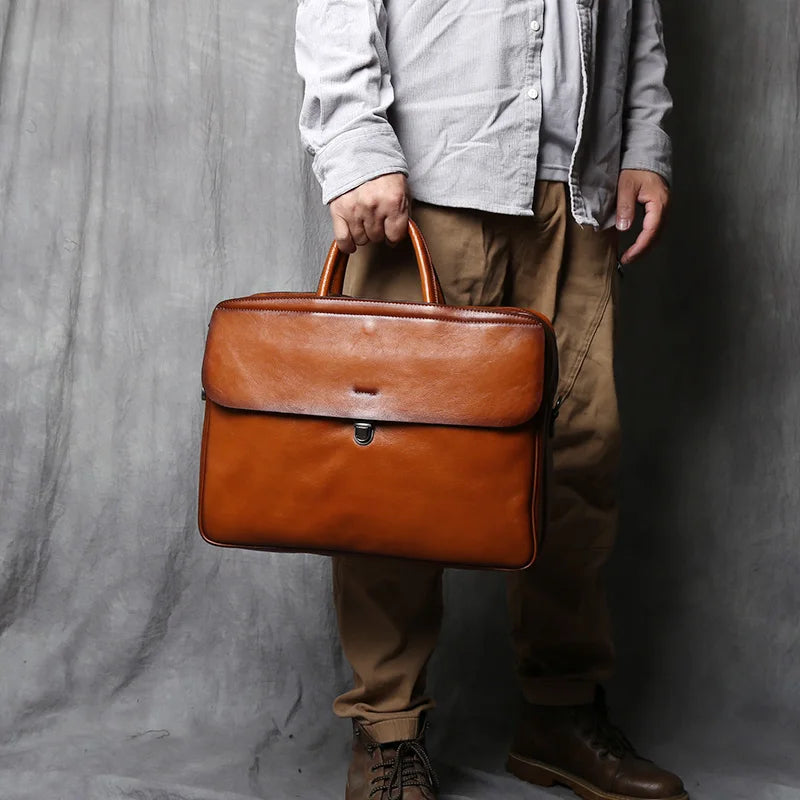 Maletín de cuero genuino vintage para hombre | Bolso para portátil de gran capacidad