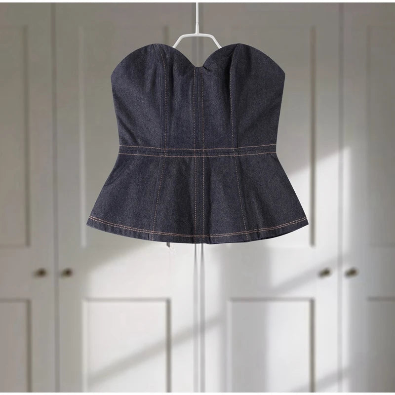 Women’s Retro Denim Vest Suit Jacket & High Waist Pants Set