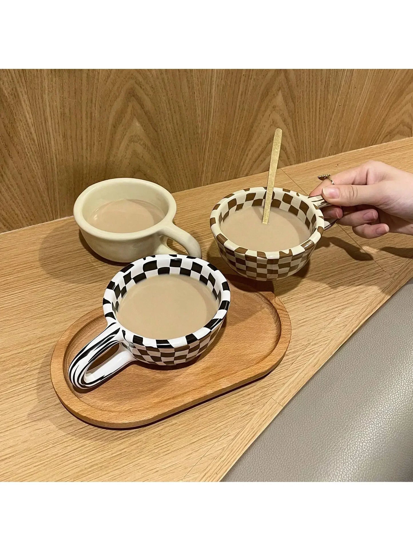 1pc Creative ceramic checkered pattern tea cup, irregular chessboard coffee cup