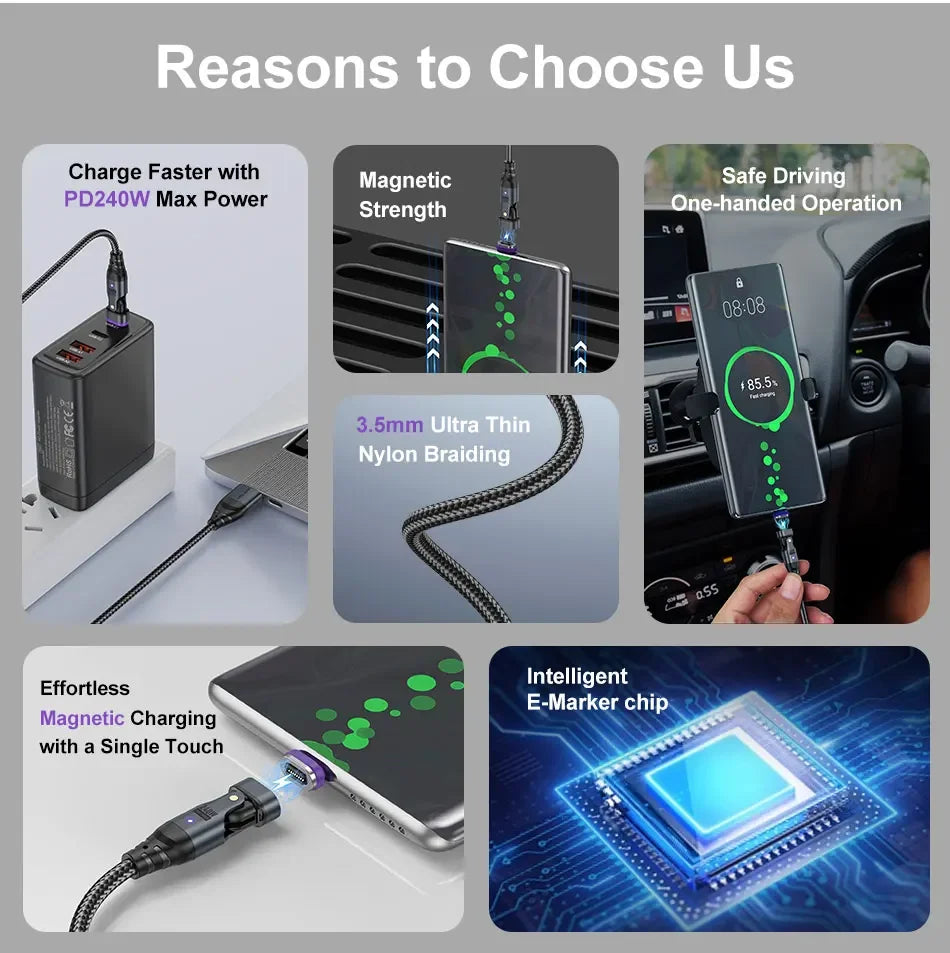240W Fast Charging Magnetic Cable for USB-C & Micro Devices