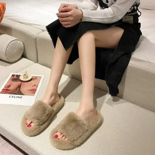 Cozy Double Fur Cross-Strap Plush Slippers | Warm Indoor Footwear