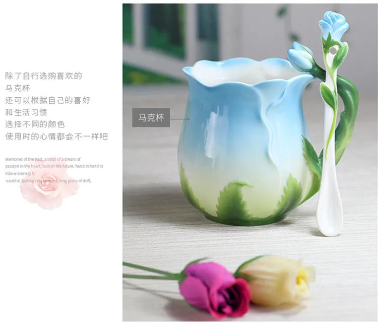 Creative 3D Rose Shape Ceramic Coffee Mug with Spoon - 4 Colors