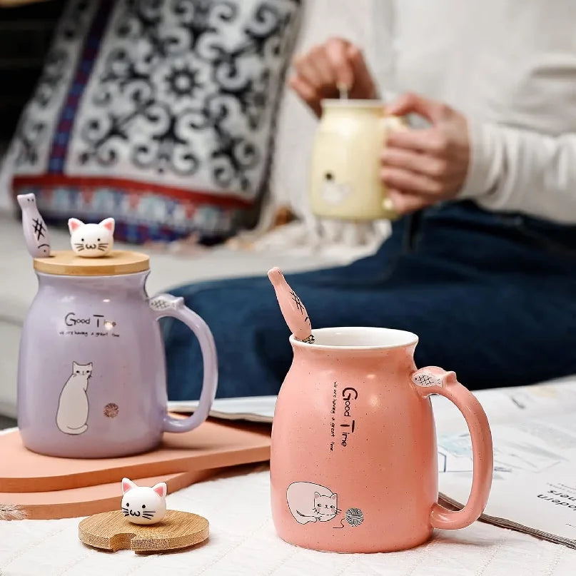 Cute Cat Ceramic Mug with Kitty Lid & Spoon | Perfect Gift for Cat Lovers