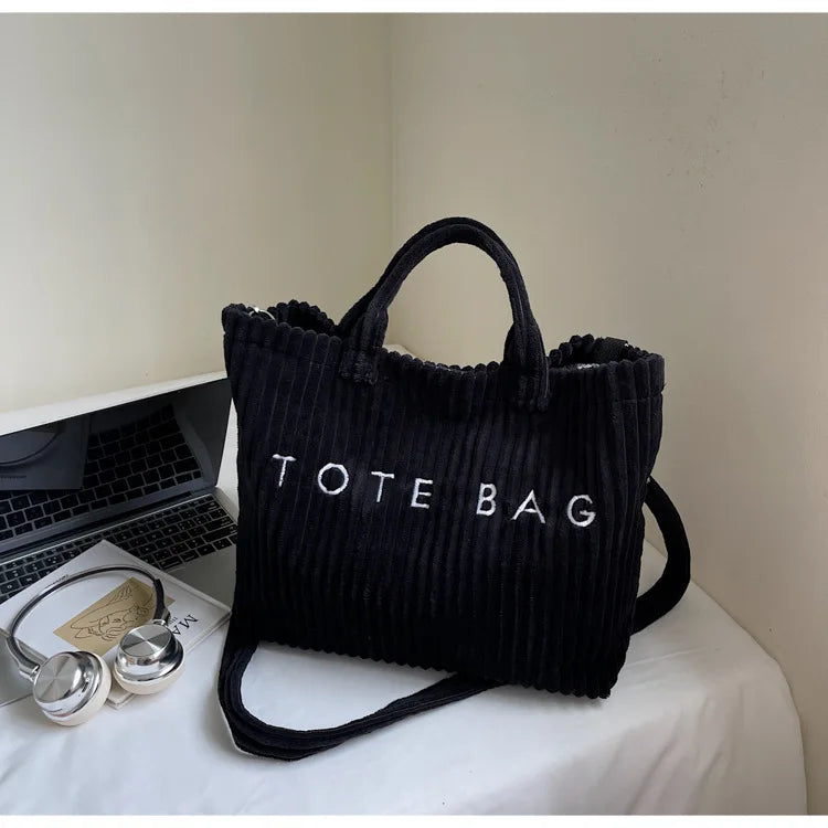 Bolso de mano de terciopelo a rayas de gran capacidad | Bolso tote elegante y versátil