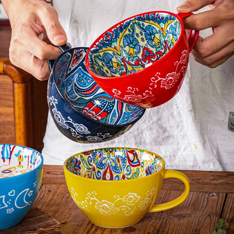 Large-Capacity Bohemian Ceramic Breakfast Cup | Stylish Oatmeal Mug