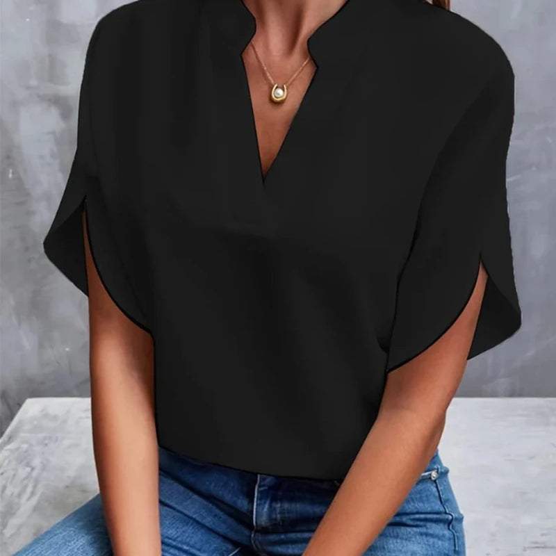 Women's Summer Solid Color Casual V-Neck Short Sleeve Shirt