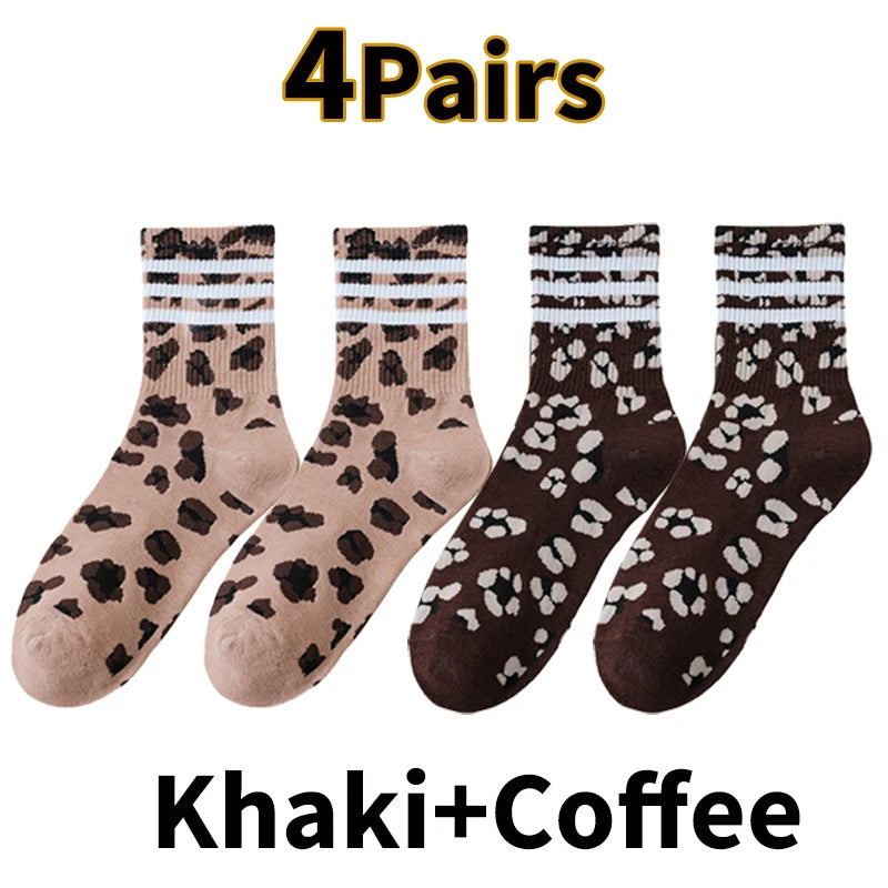 4 pares de calcetines deportivos de algodón con estampado de leopardo para mujer | Modernos y cómodos