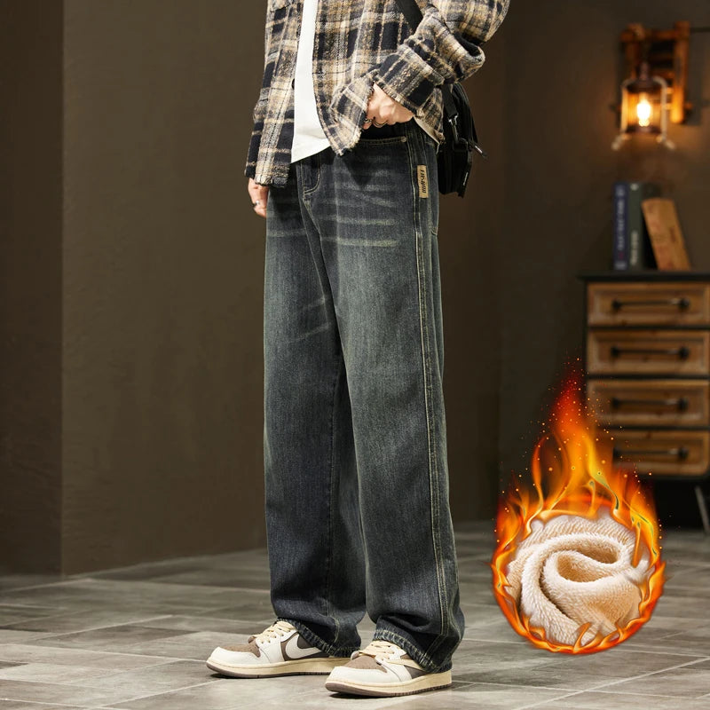 Winter Fleece Thick Cotton Jeans — Warm Korean Velvet Loose Wide Pants for Men, Elastic Waist Plush Tapered Outdoor Trousers