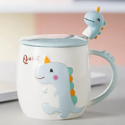 Dinosaur Cartoon Ceramic Mug with Lid & Spoon | Fun Breakfast Cups