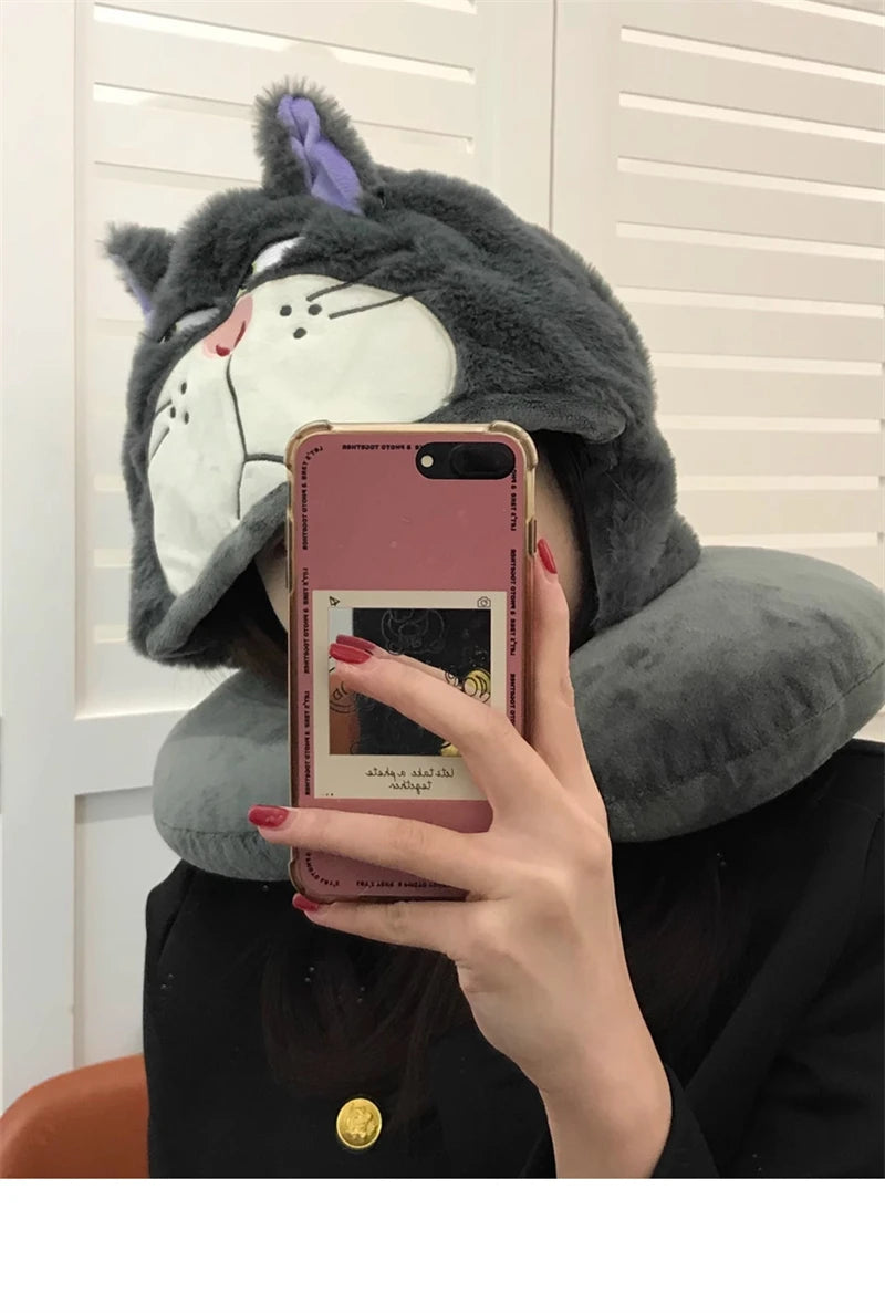 Kawaii Cat U-Shaped Neck Pillow | Cozy Hooded Travel Companion