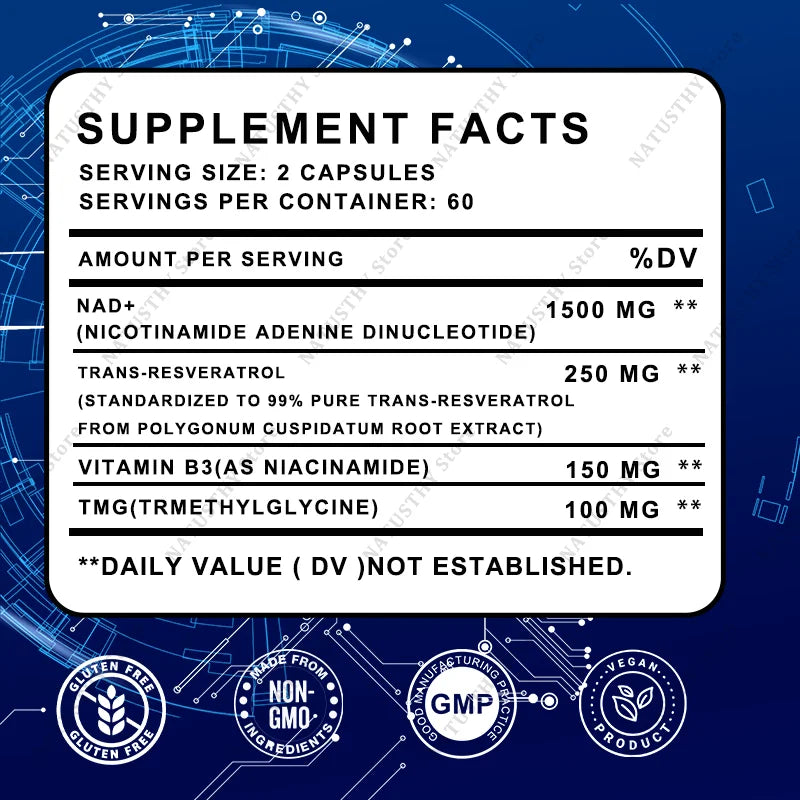 1500MG NAD+ Supplement with Trans-Resveratrol for Energy & Health