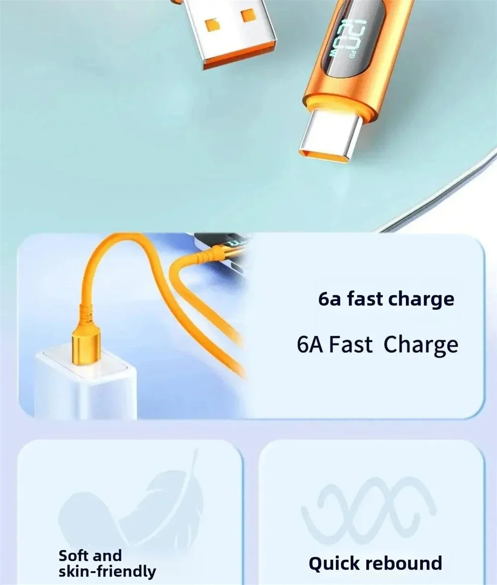 120W Fast Charging USB C Cable with Digital Display | Quick Charge Cord
