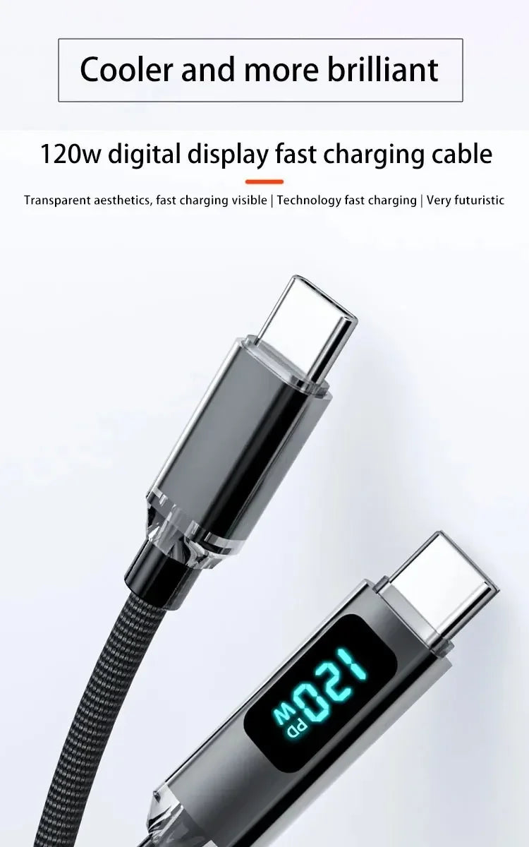 120W USB A to Type C Fast Charging Cable with LED Display